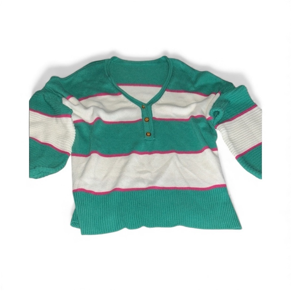 Oversized balloon sleeveGreen and White Striped Women's Sweater